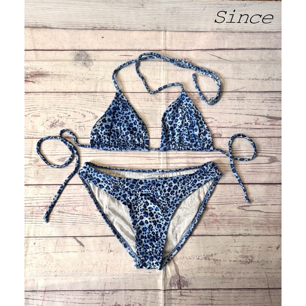 Sand And‎ Sun Two Piece Bikini Swimsuit Blue Leopard Print Size Small Tie String